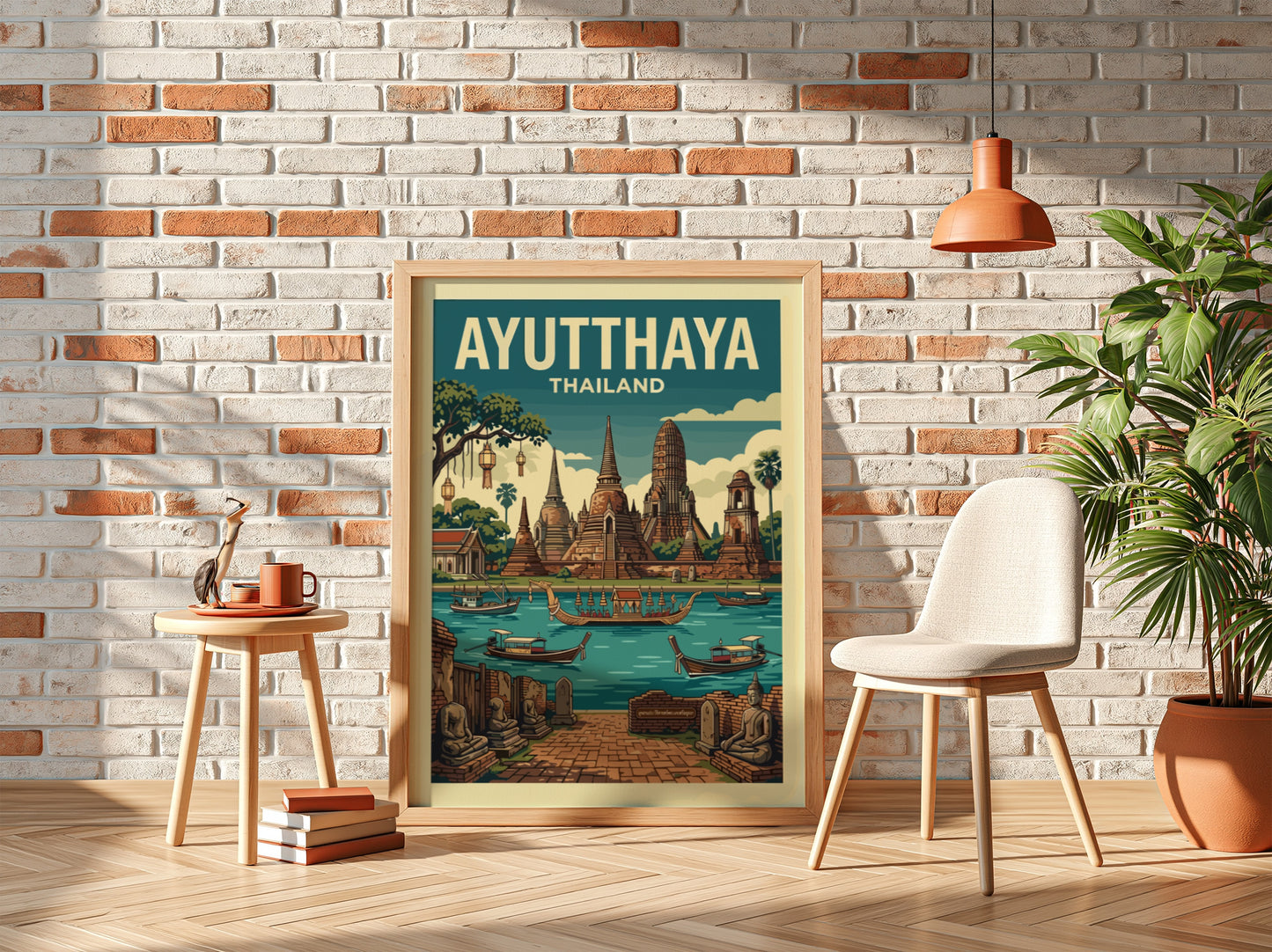 Vintage Ayutthaya Thailand travel poster featuring temples and a river in a retro illustration style.
