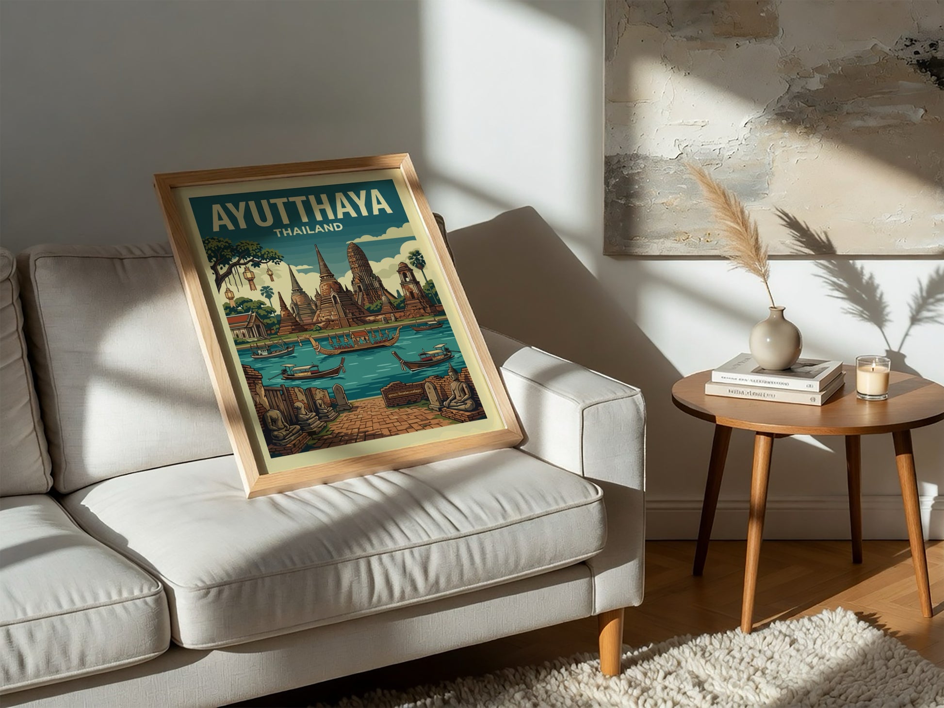 Vintage Ayutthaya Thailand travel poster featuring temples and a river in a retro illustration style.