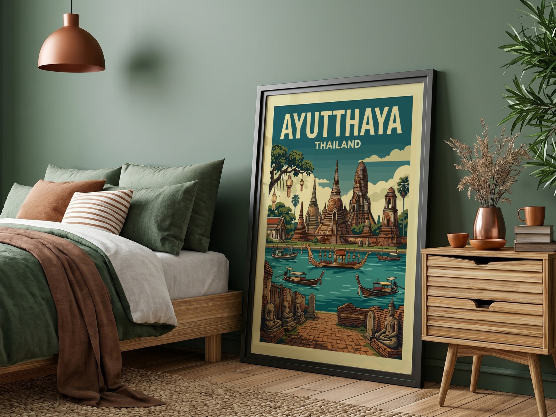 Vintage Ayutthaya Thailand travel poster featuring temples and a river in a retro illustration style.