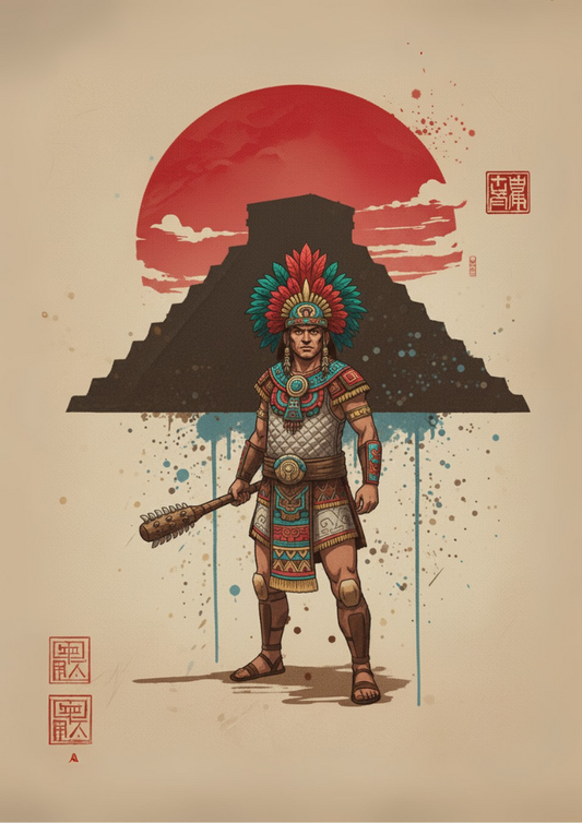 Illustration of a warrior in traditional attire with a pyramid and red sun in the background