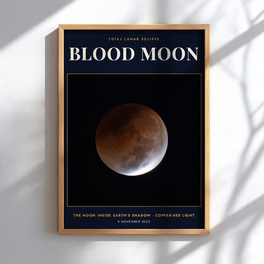 Blood Moon poster showing a copper-red lunar eclipse against a deep navy background
