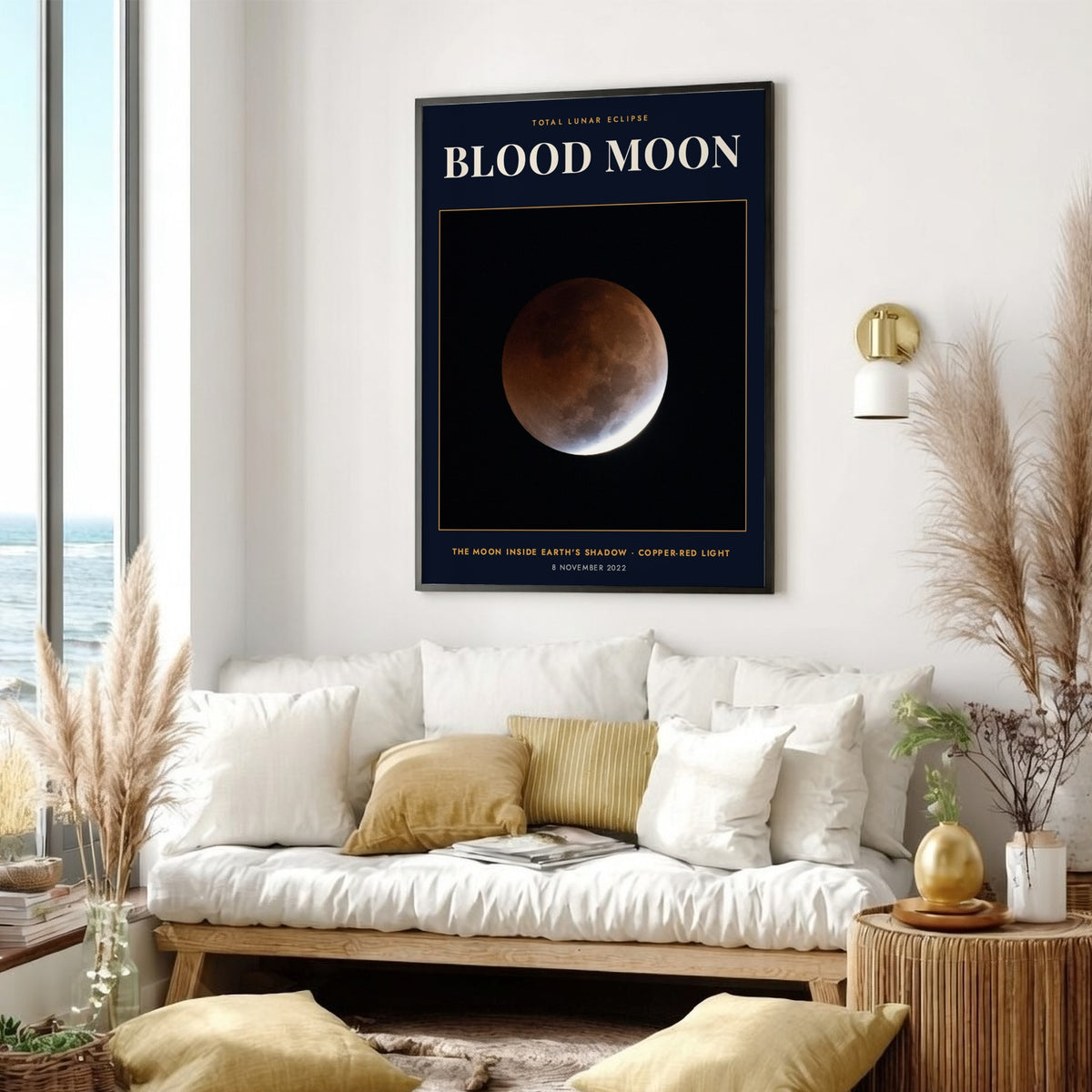 Blood Moon poster showing a copper-red lunar eclipse against a deep navy background