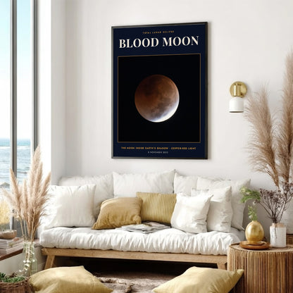 Blood Moon poster showing a copper-red lunar eclipse against a deep navy background