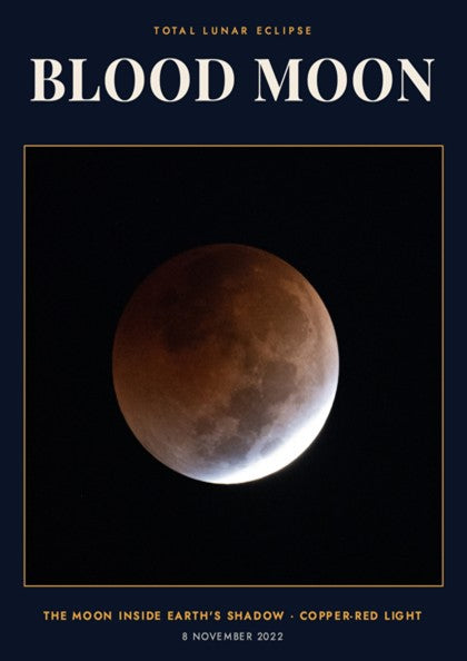 Blood Moon poster showing a copper-red lunar eclipse against a deep navy background
