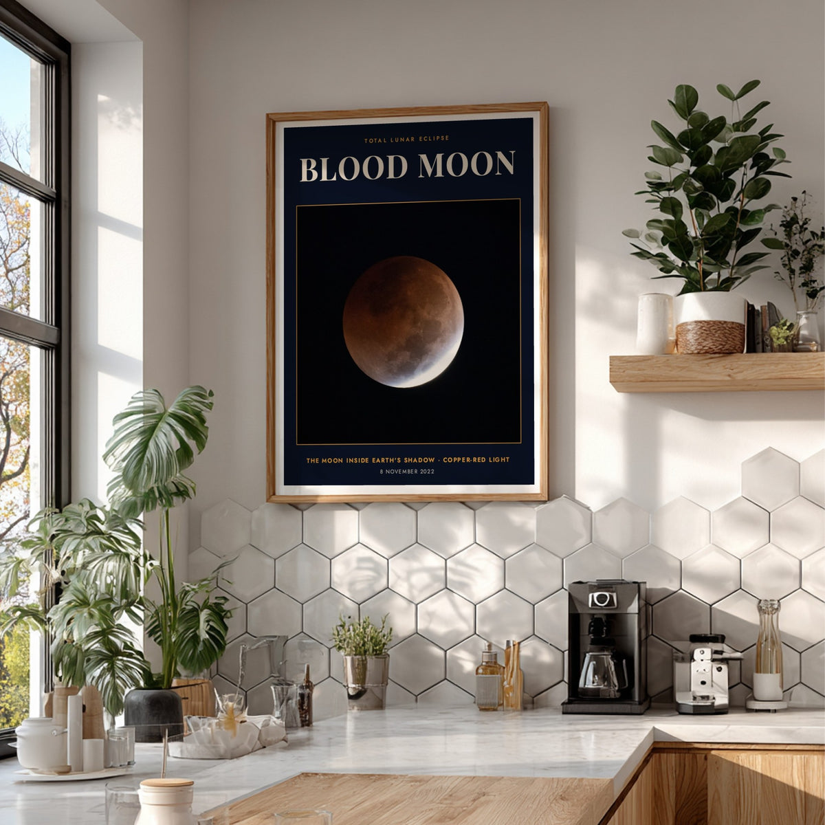 Blood Moon poster showing a copper-red lunar eclipse against a deep navy background