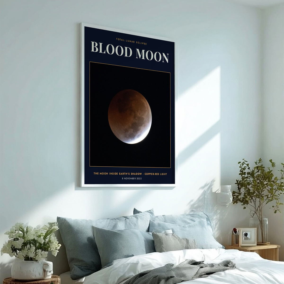 Blood Moon poster showing a copper-red lunar eclipse against a deep navy background