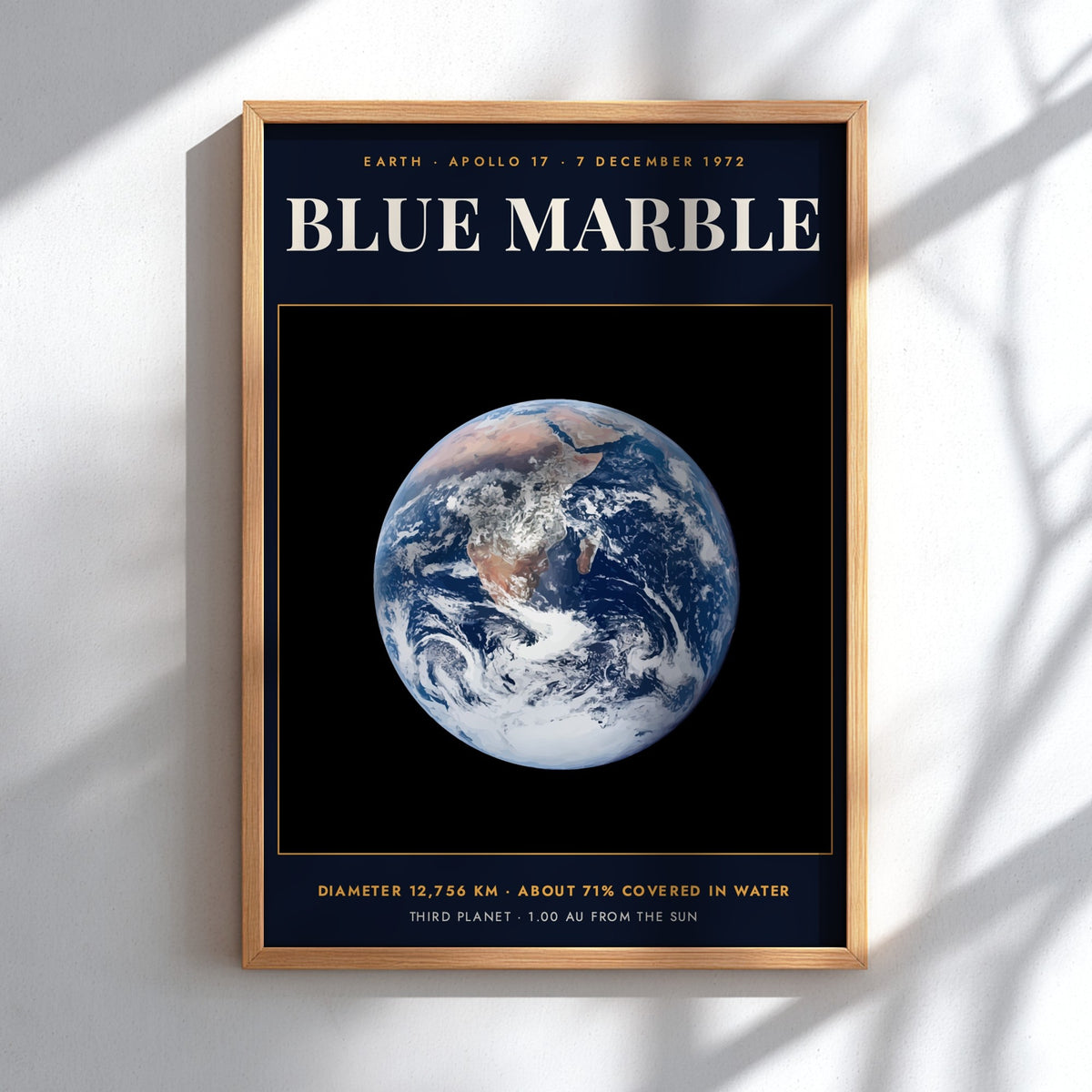 Poster featuring the iconic blue marble Earth against a dark background with scientific text.