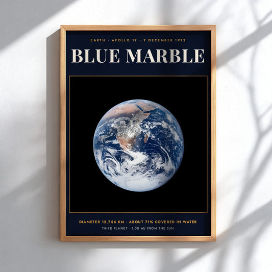Poster featuring the iconic blue marble Earth against a dark background with scientific text.