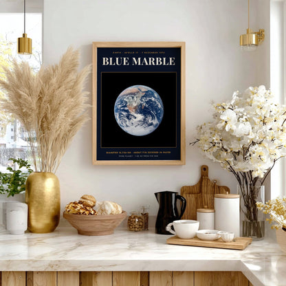 Poster featuring the iconic blue marble Earth against a dark background with scientific text.