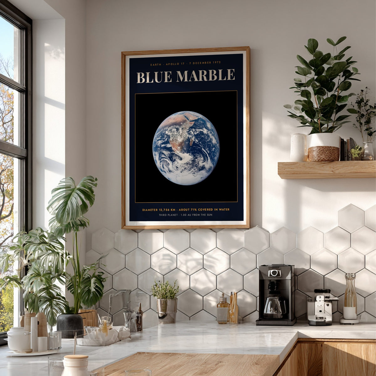 Poster featuring the iconic blue marble Earth against a dark background with scientific text.