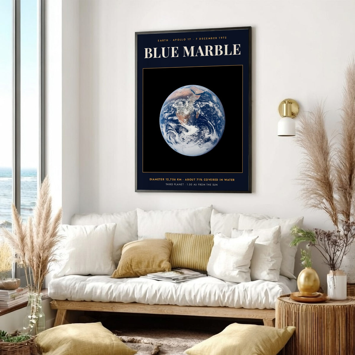 Poster featuring the iconic blue marble Earth against a dark background with scientific text.