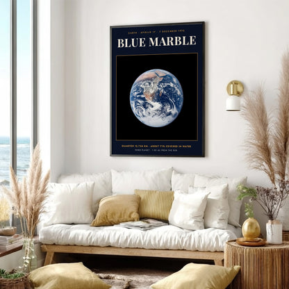 Poster featuring the iconic blue marble Earth against a dark background with scientific text.