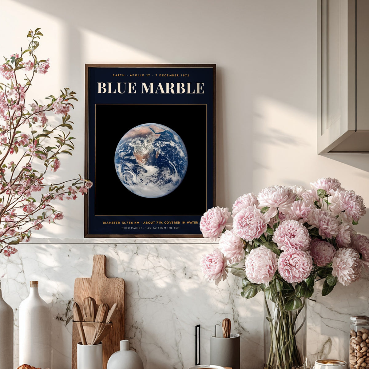 Poster featuring the iconic blue marble Earth against a dark background with scientific text.