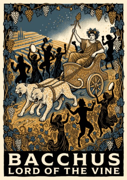 Poster featuring Bacchus in a leopard-drawn chariot with golden vines and blue skies.