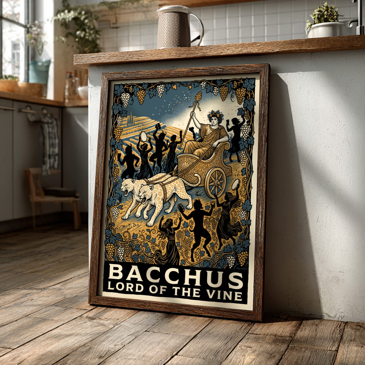Poster featuring Bacchus in a leopard-drawn chariot with golden vines and blue skies.
