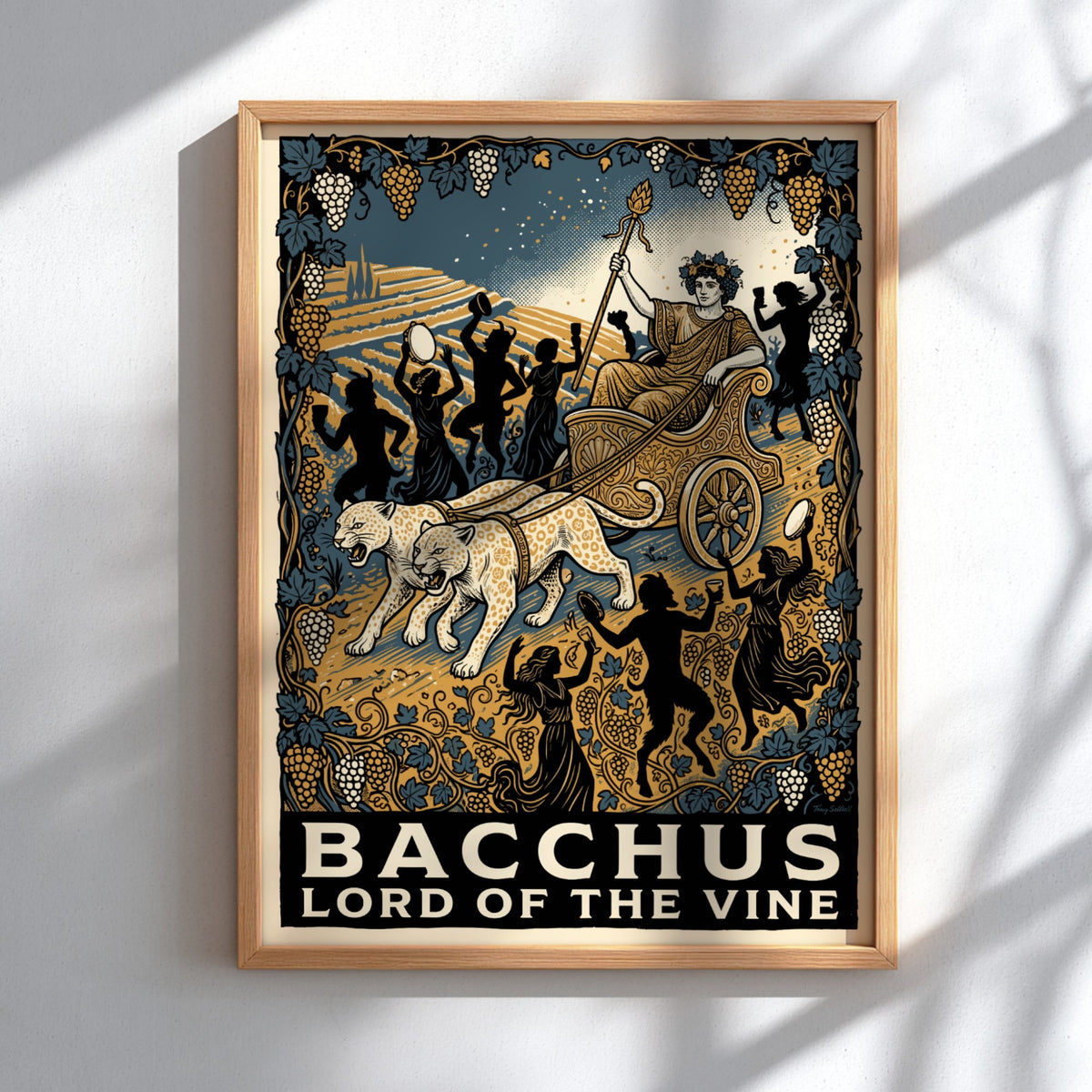 Poster featuring Bacchus in a leopard-drawn chariot with golden vines and blue skies.