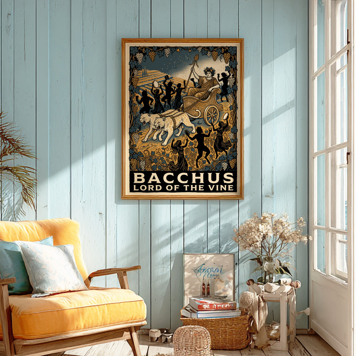 Poster featuring Bacchus in a leopard-drawn chariot with golden vines and blue skies.