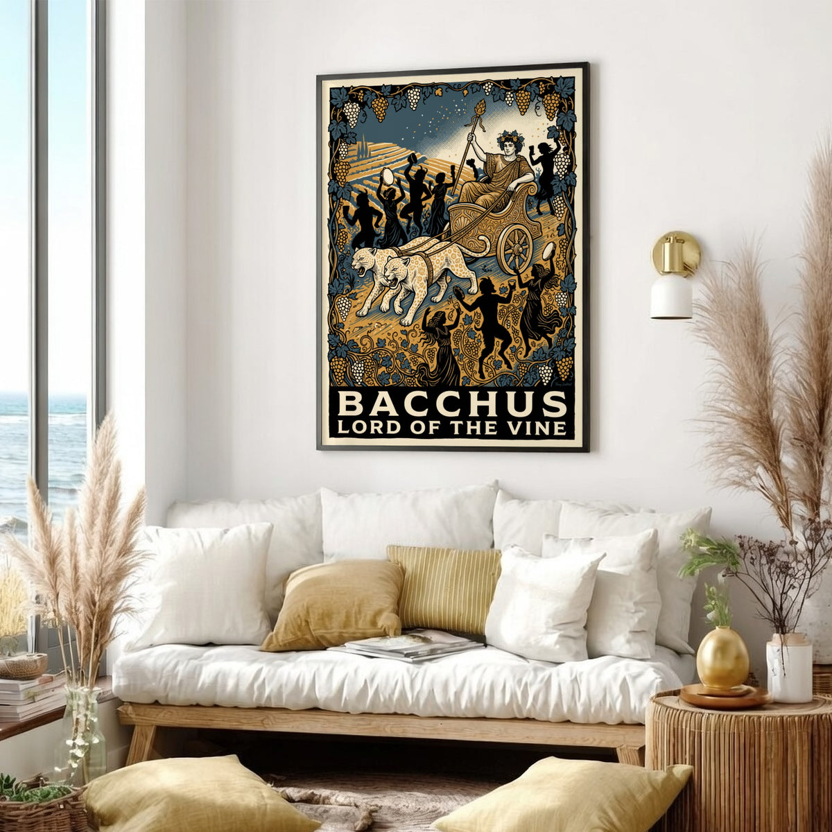 Poster featuring Bacchus in a leopard-drawn chariot with golden vines and blue skies.