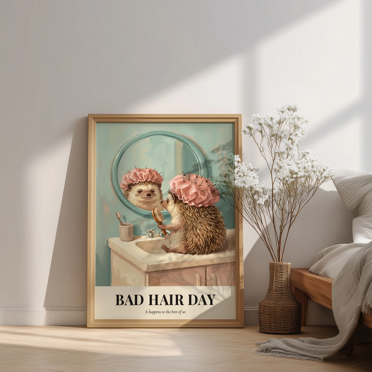 Poster of a grumpy hedgehog in a pink shower cap looking at a mirror.