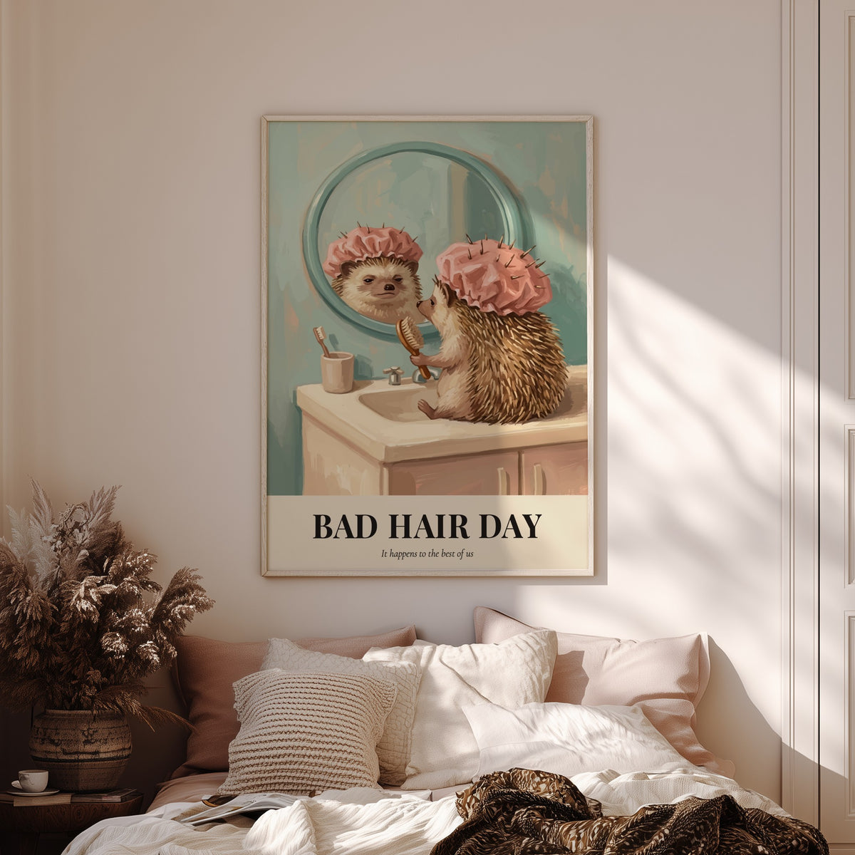 Poster of a grumpy hedgehog in a pink shower cap looking at a mirror.