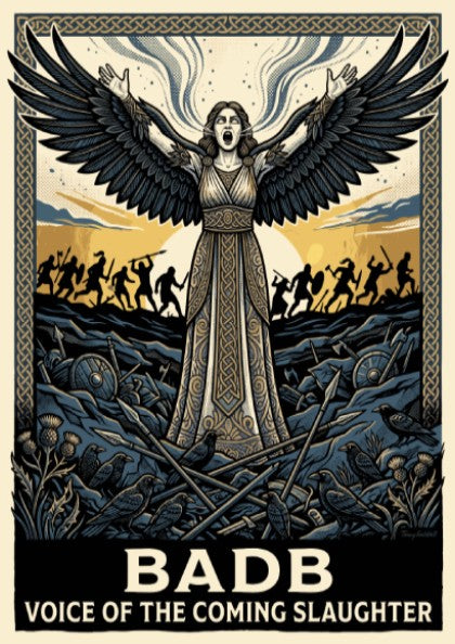 Poster of the Celtic goddess Badb with wings spread above a dark battlefield.