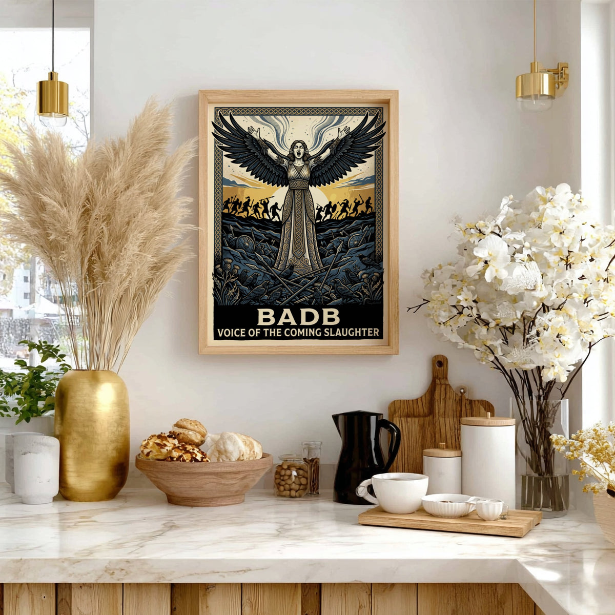 Poster of the Celtic goddess Badb with wings spread above a dark battlefield.