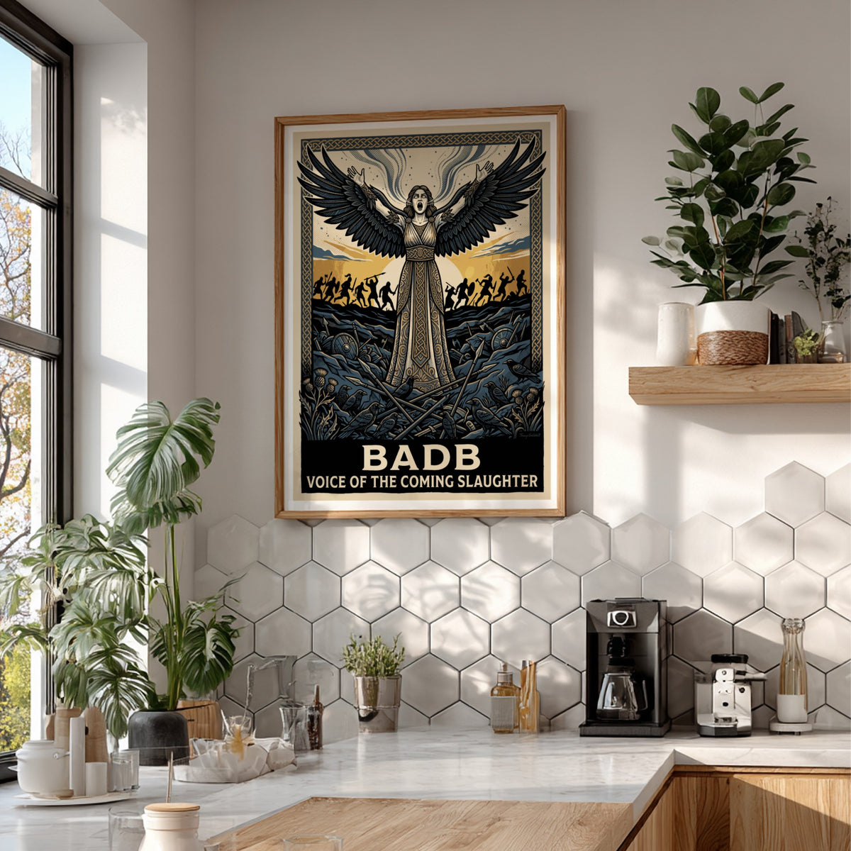 Poster of the Celtic goddess Badb with wings spread above a dark battlefield.