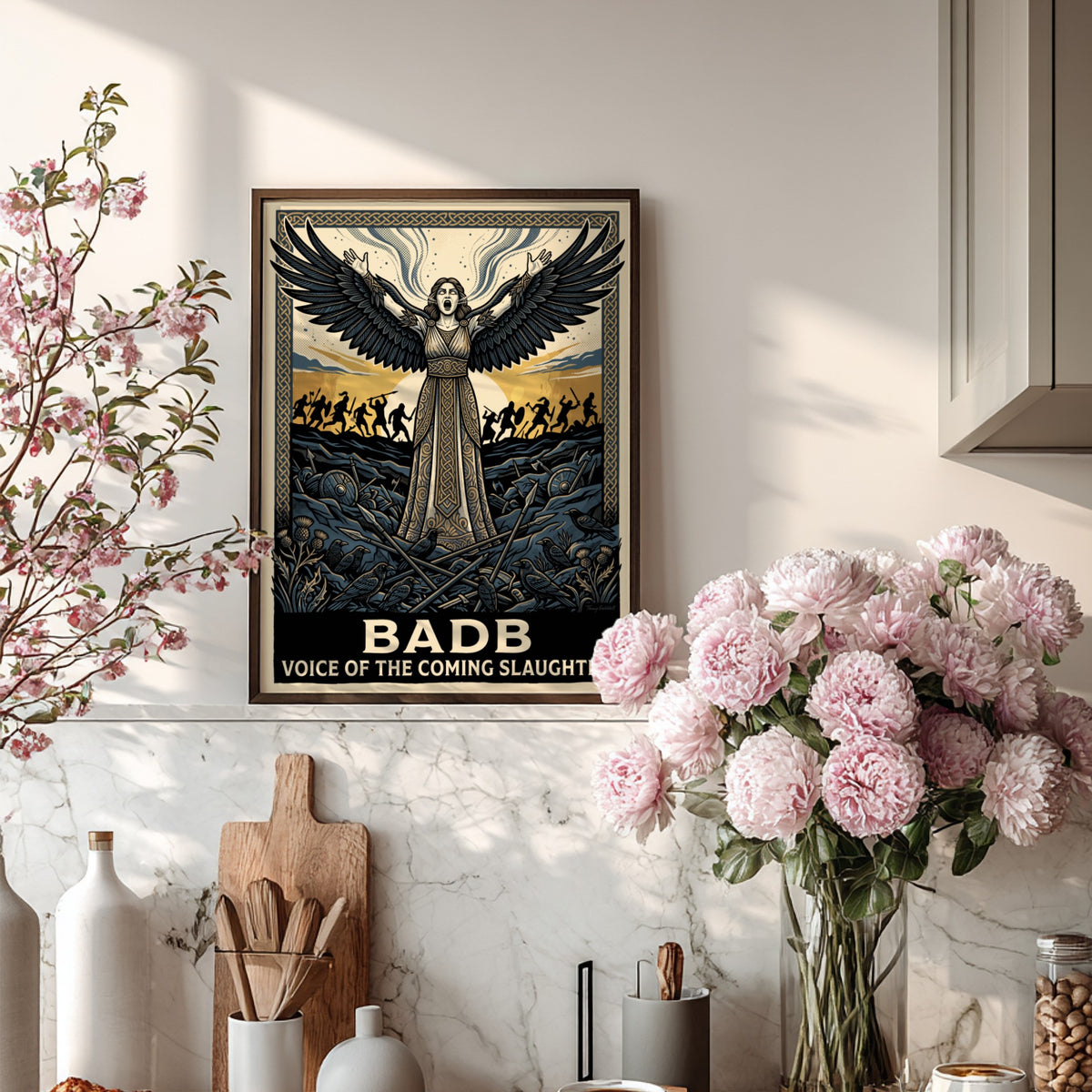 Poster of the Celtic goddess Badb with wings spread above a dark battlefield.