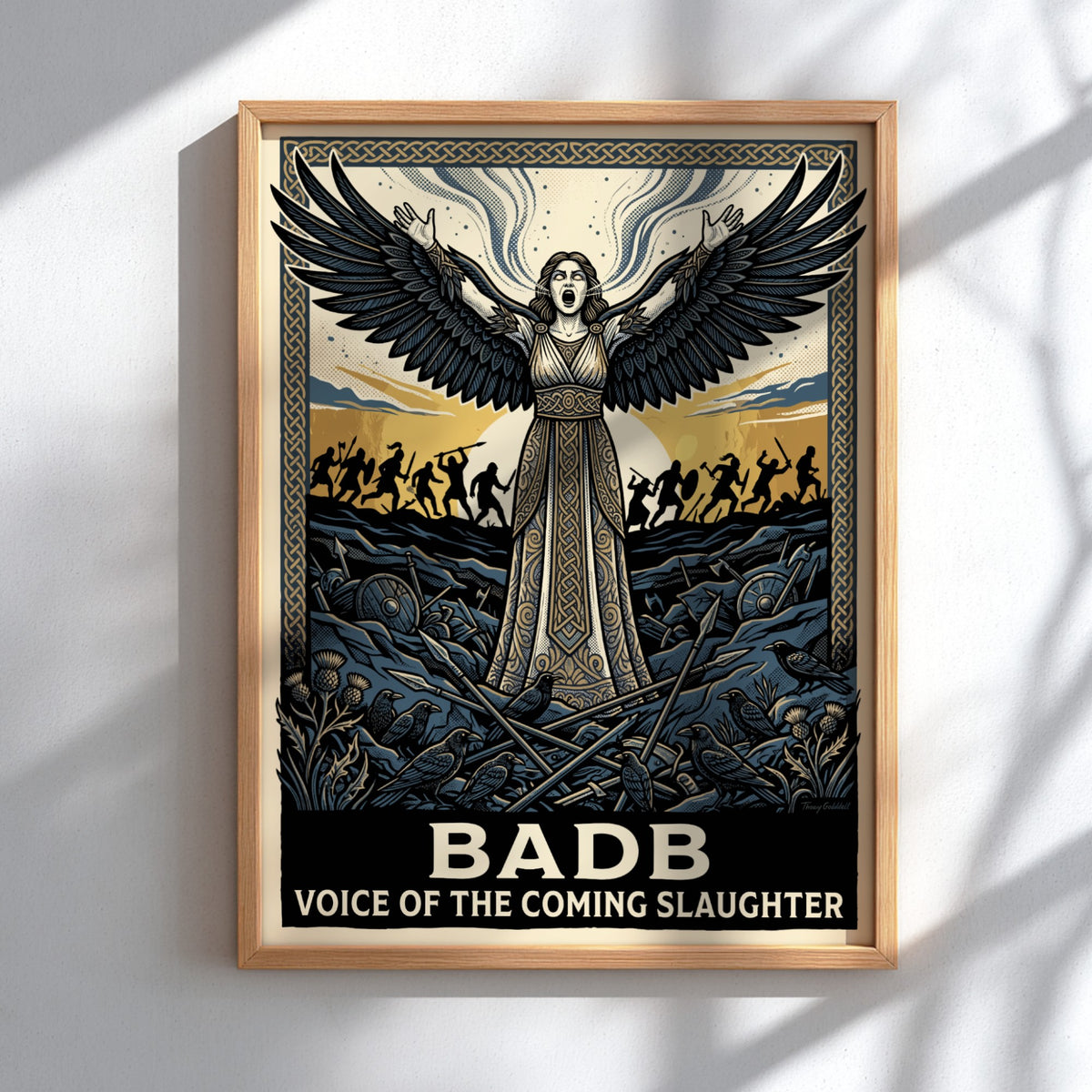 Poster of the Celtic goddess Badb with wings spread above a dark battlefield.