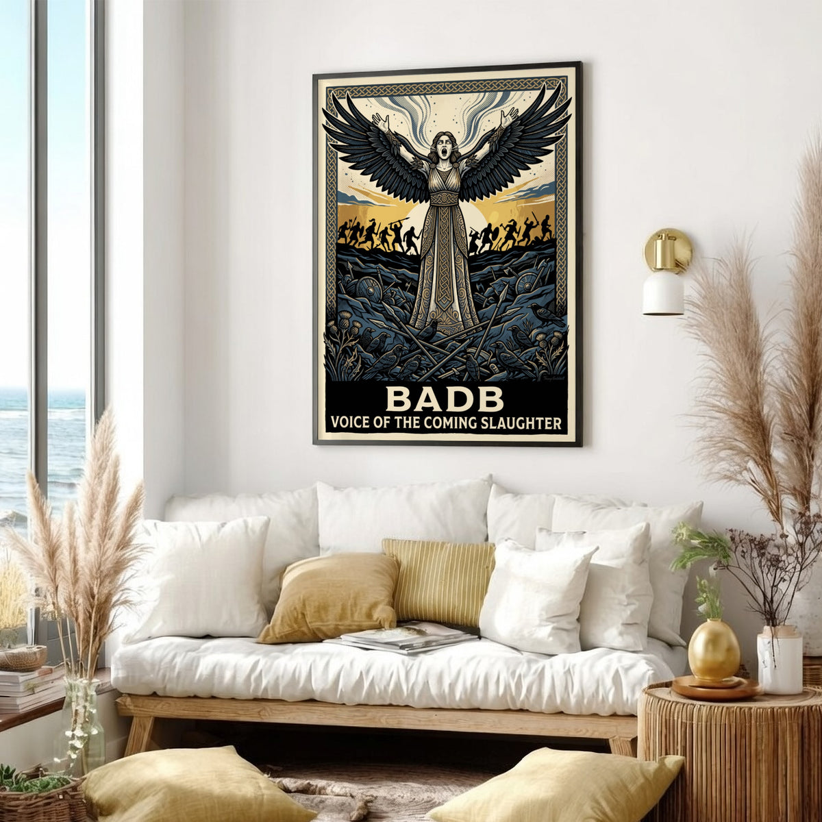 Poster of the Celtic goddess Badb with wings spread above a dark battlefield.
