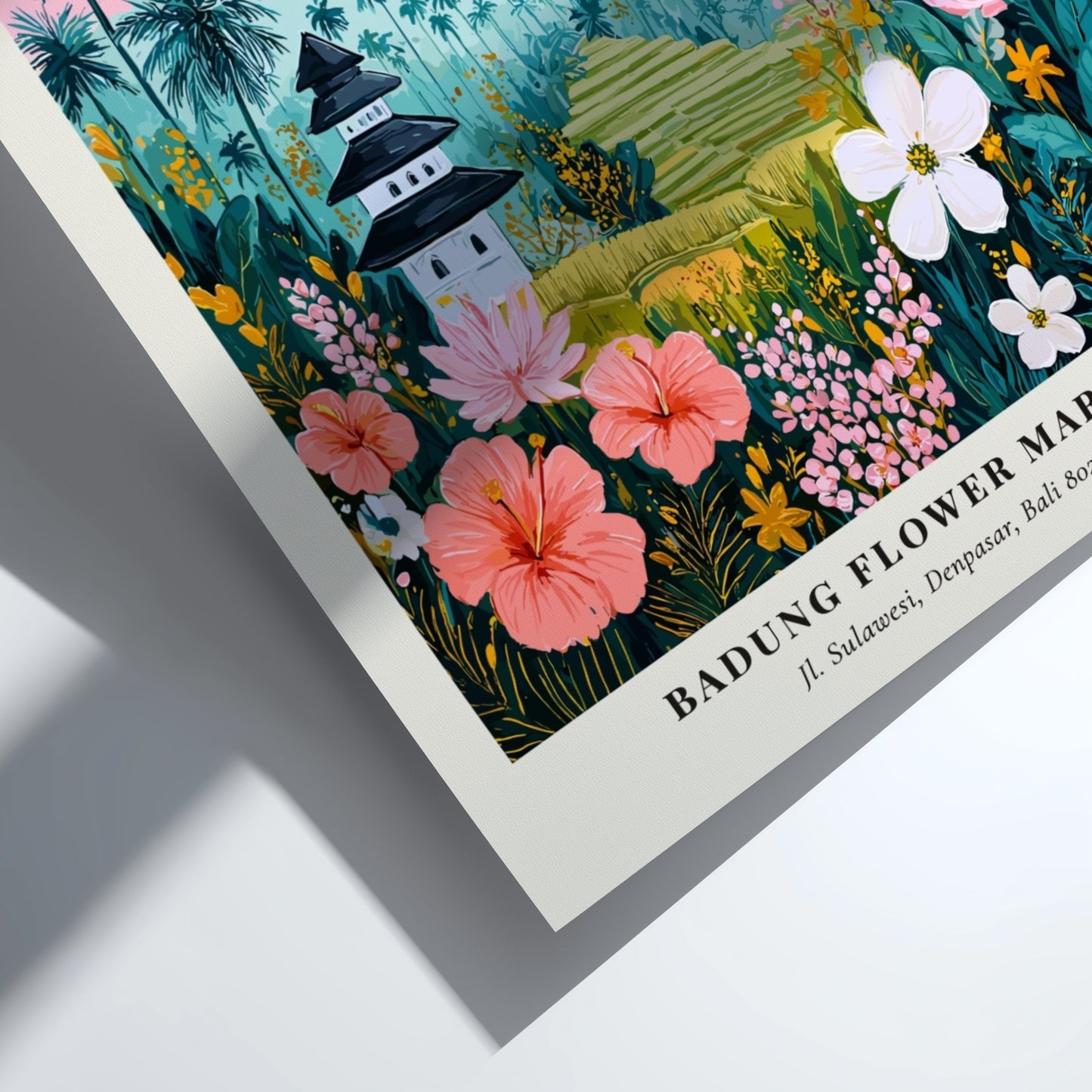 Badung Flower Market art print featuring tropical flowers, palm trees, and a pagoda in vibrant colors.