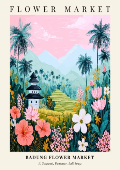 Badung Flower Market art print featuring tropical flowers, palm trees, and a pagoda in vibrant colors.
