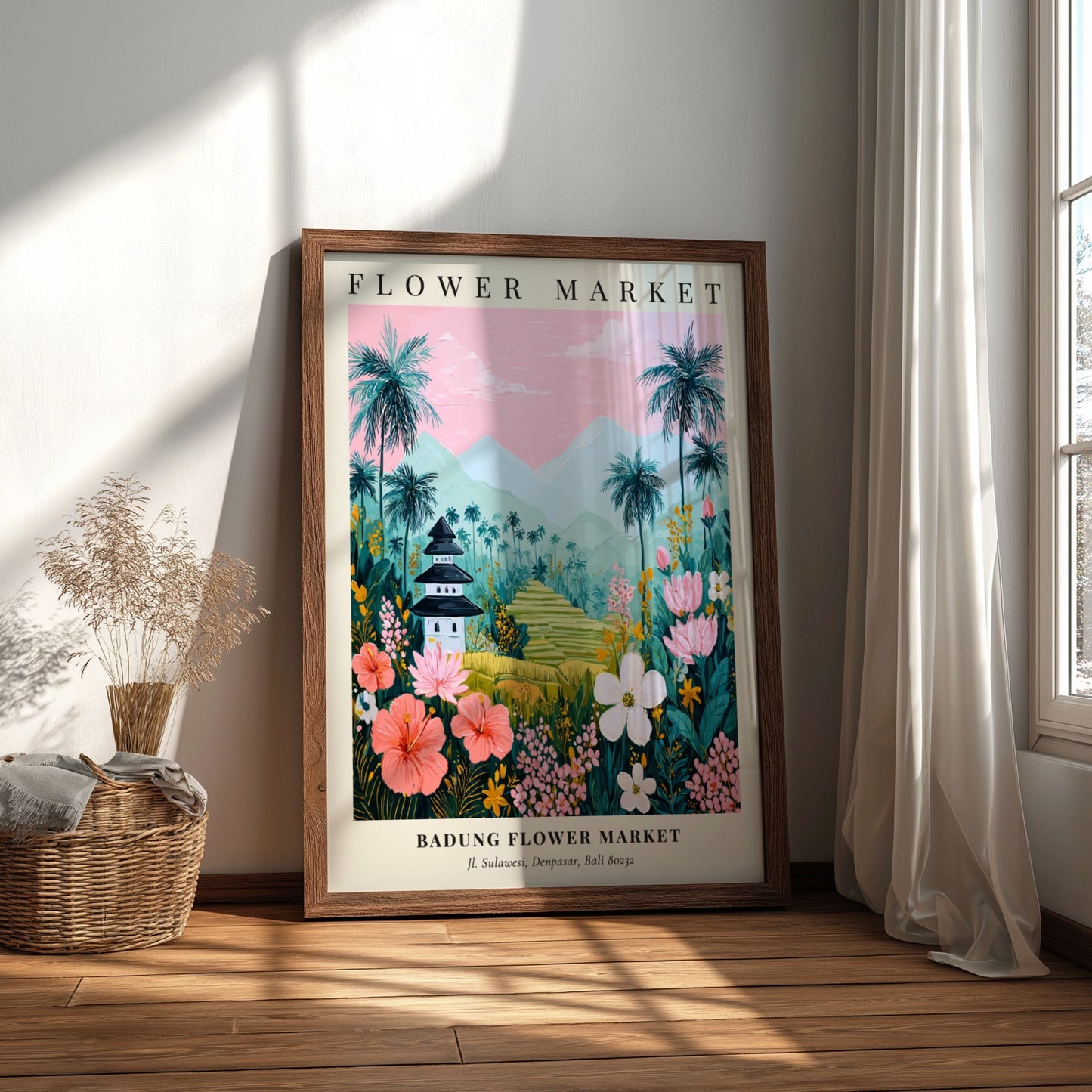 Badung Flower Market art print featuring tropical flowers, palm trees, and a pagoda in vibrant colors.