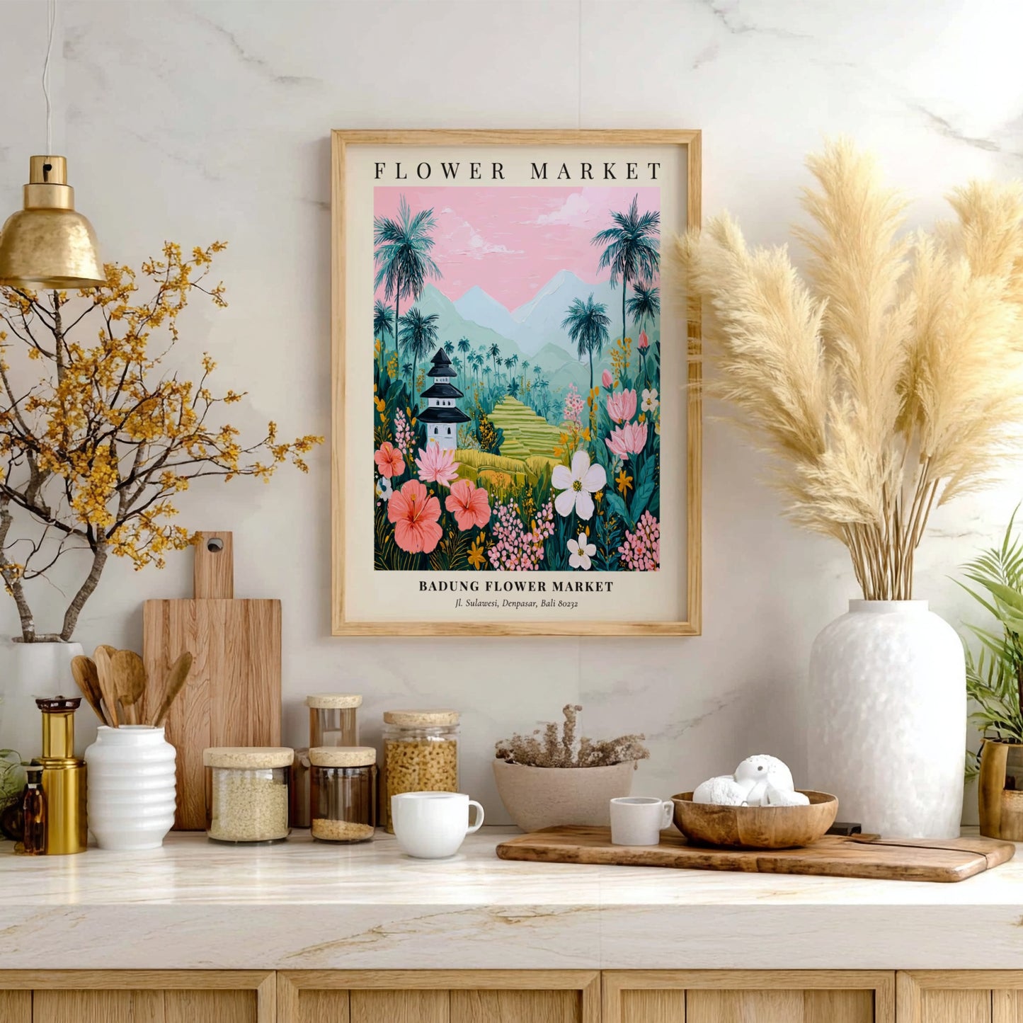 Badung Flower Market art print featuring tropical flowers, palm trees, and a pagoda in vibrant colors.
