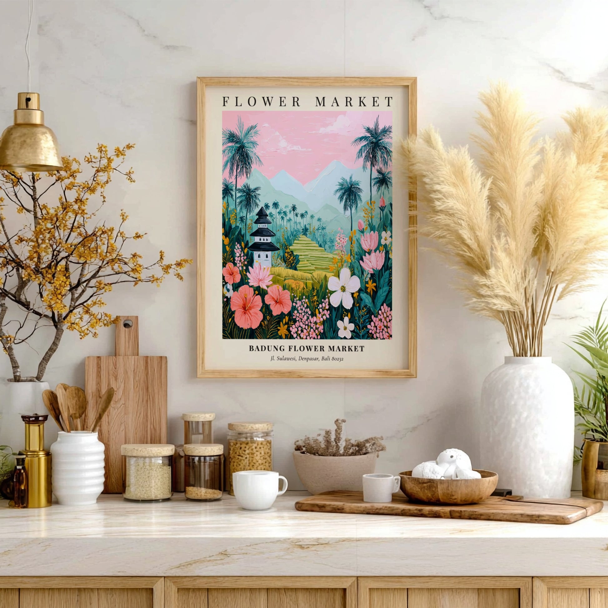 Badung Flower Market art print featuring tropical flowers, palm trees, and a pagoda in vibrant colors.