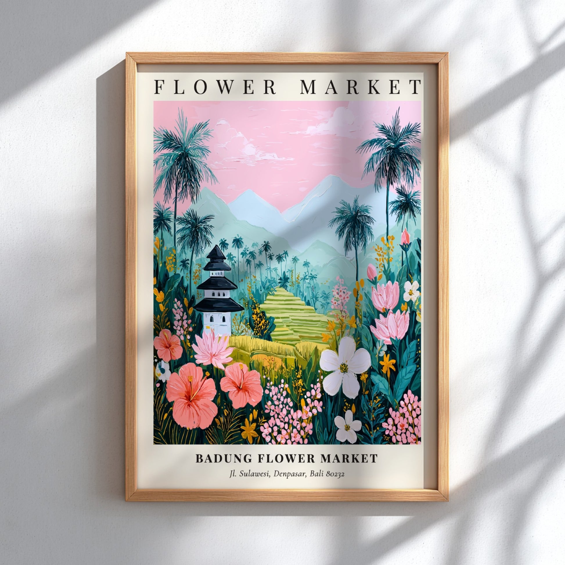 Badung Flower Market art print featuring tropical flowers, palm trees, and a pagoda in vibrant colors.