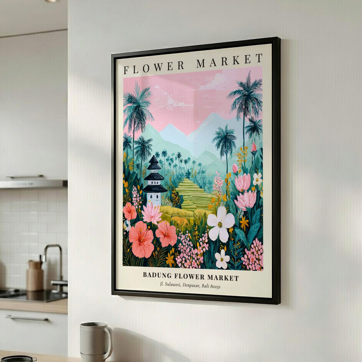 Badung Flower Market art print featuring tropical flowers, palm trees, and a pagoda in vibrant colors.