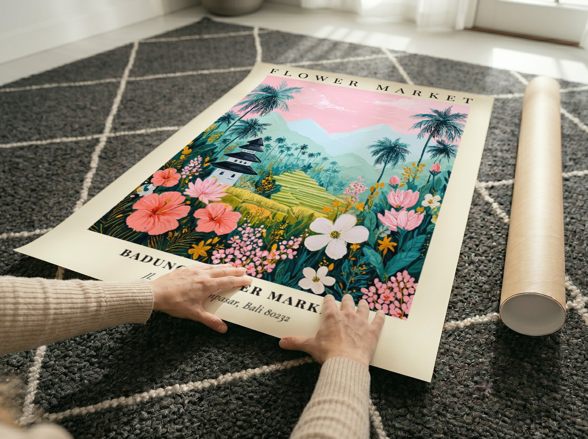 Badung Flower Market art print featuring tropical flowers, palm trees, and a pagoda in vibrant colors.