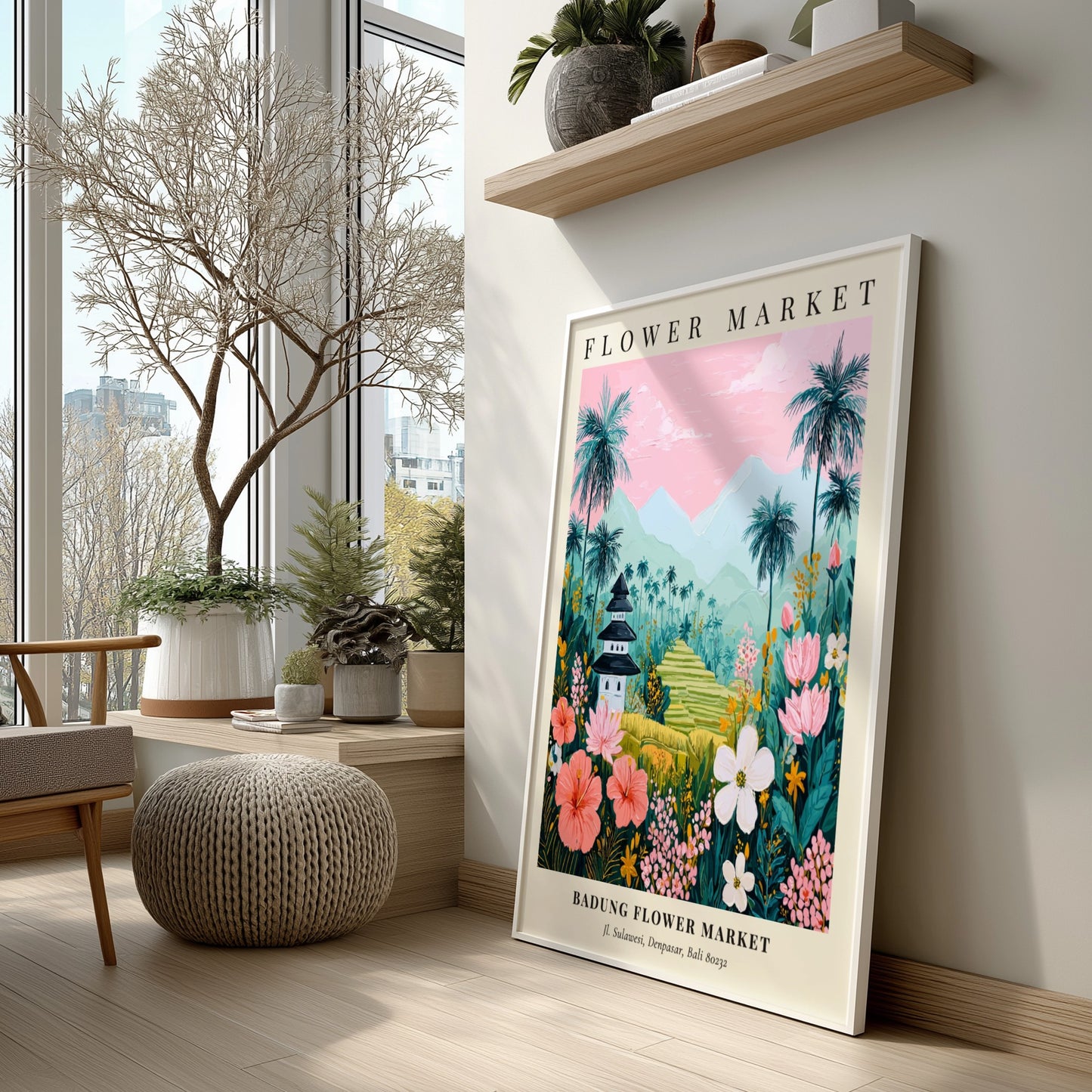 Badung Flower Market art print featuring tropical flowers, palm trees, and a pagoda in vibrant colors.