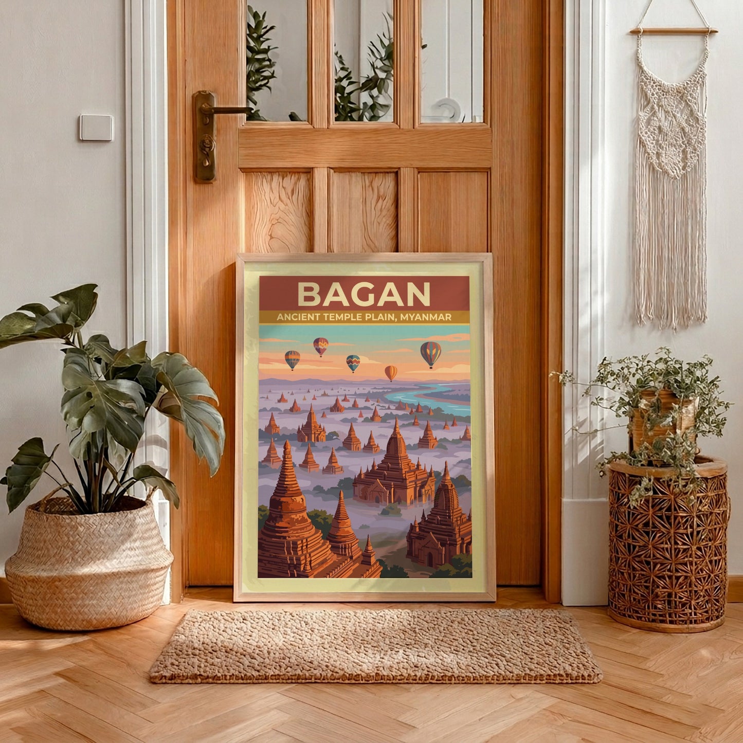 Travel poster of Bagan Ancient Temple Plain in Myanmar with balloons over pagodas.