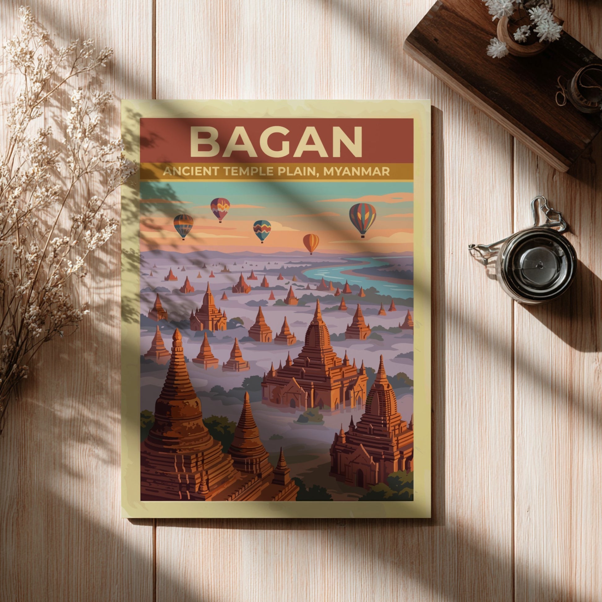 Travel poster of Bagan Ancient Temple Plain in Myanmar with balloons over pagodas.