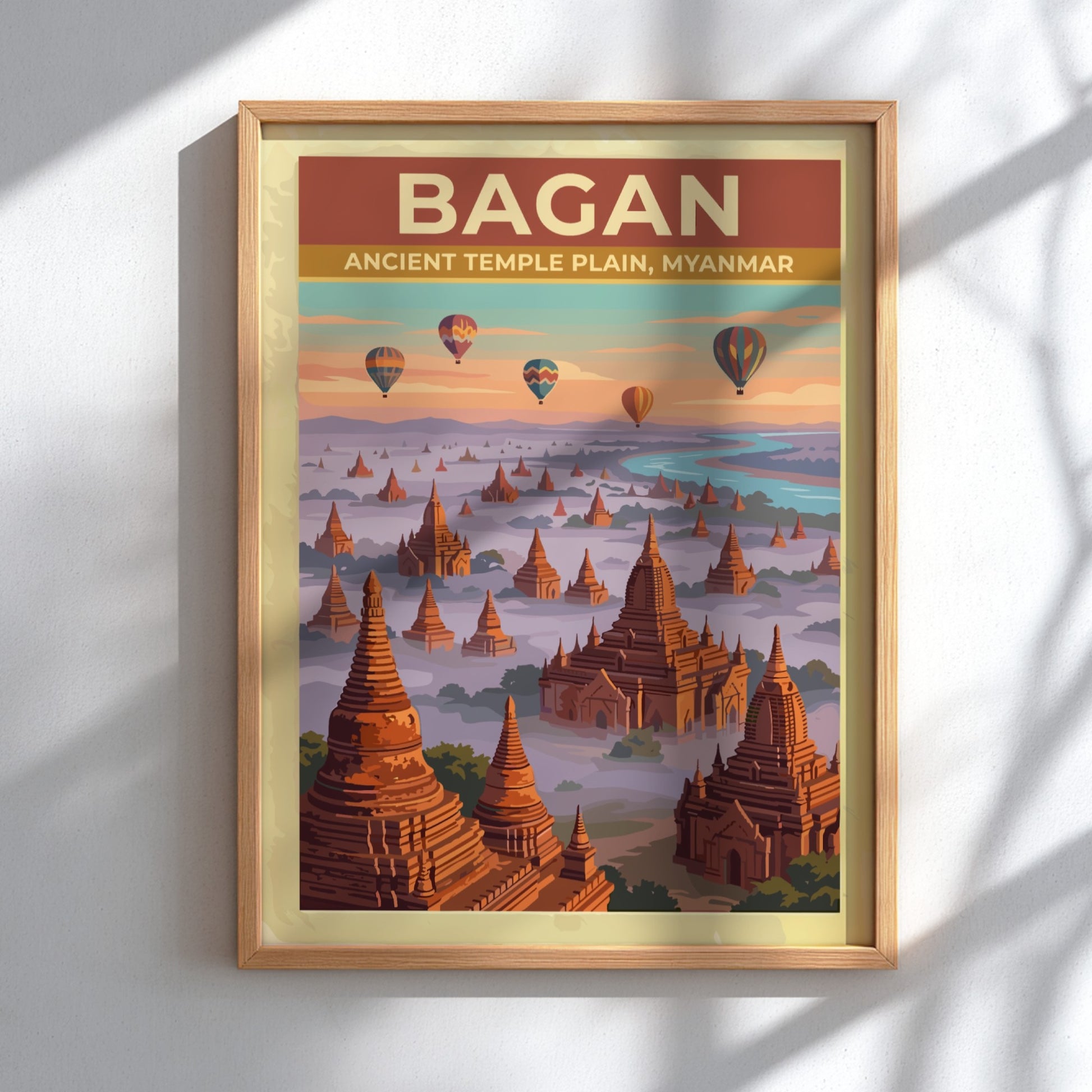 Travel poster of Bagan Ancient Temple Plain in Myanmar with balloons over pagodas.