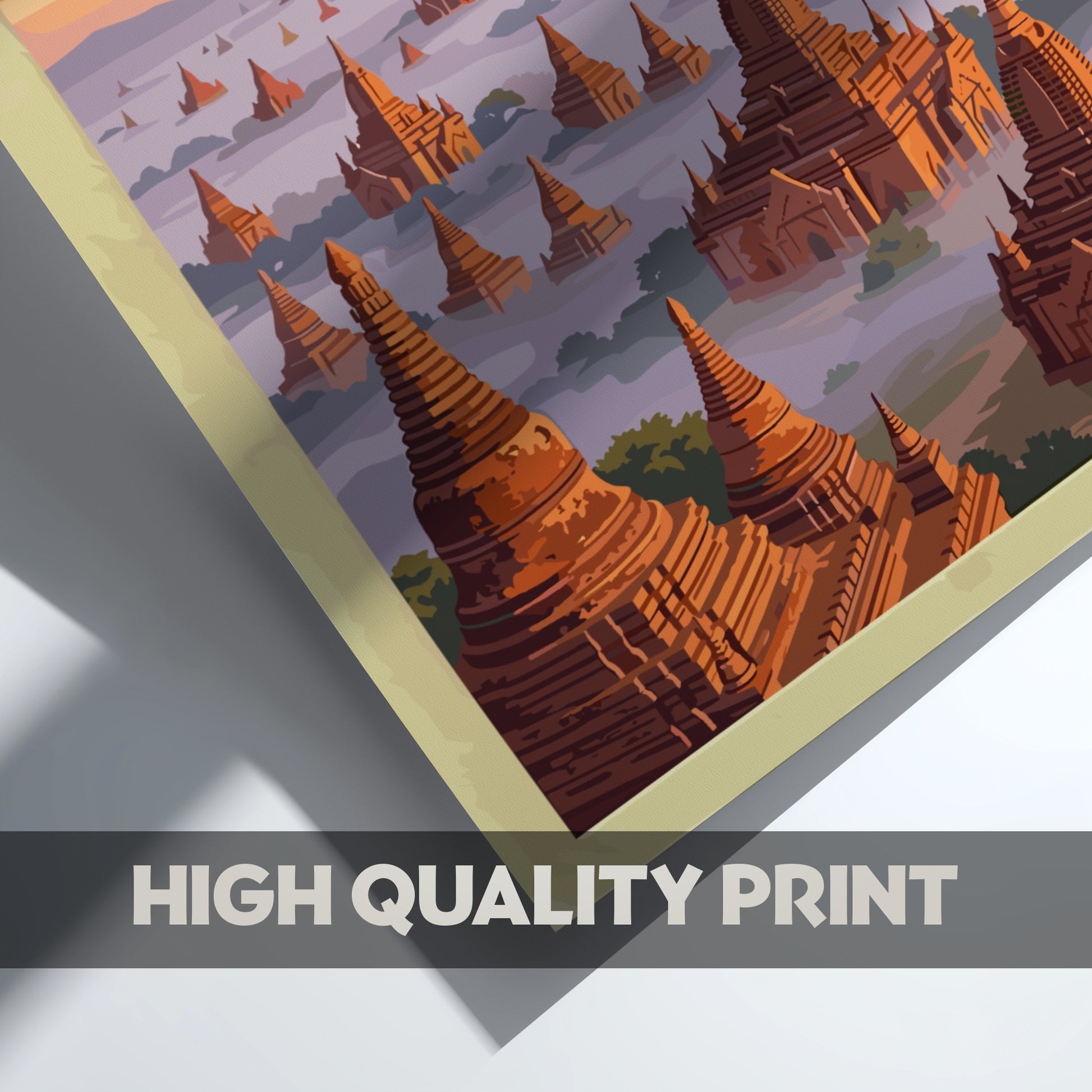 Travel poster of Bagan Ancient Temple Plain in Myanmar with balloons over pagodas.