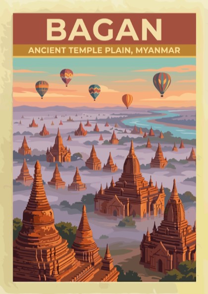 Travel poster of Bagan Ancient Temple Plain in Myanmar with balloons over pagodas.