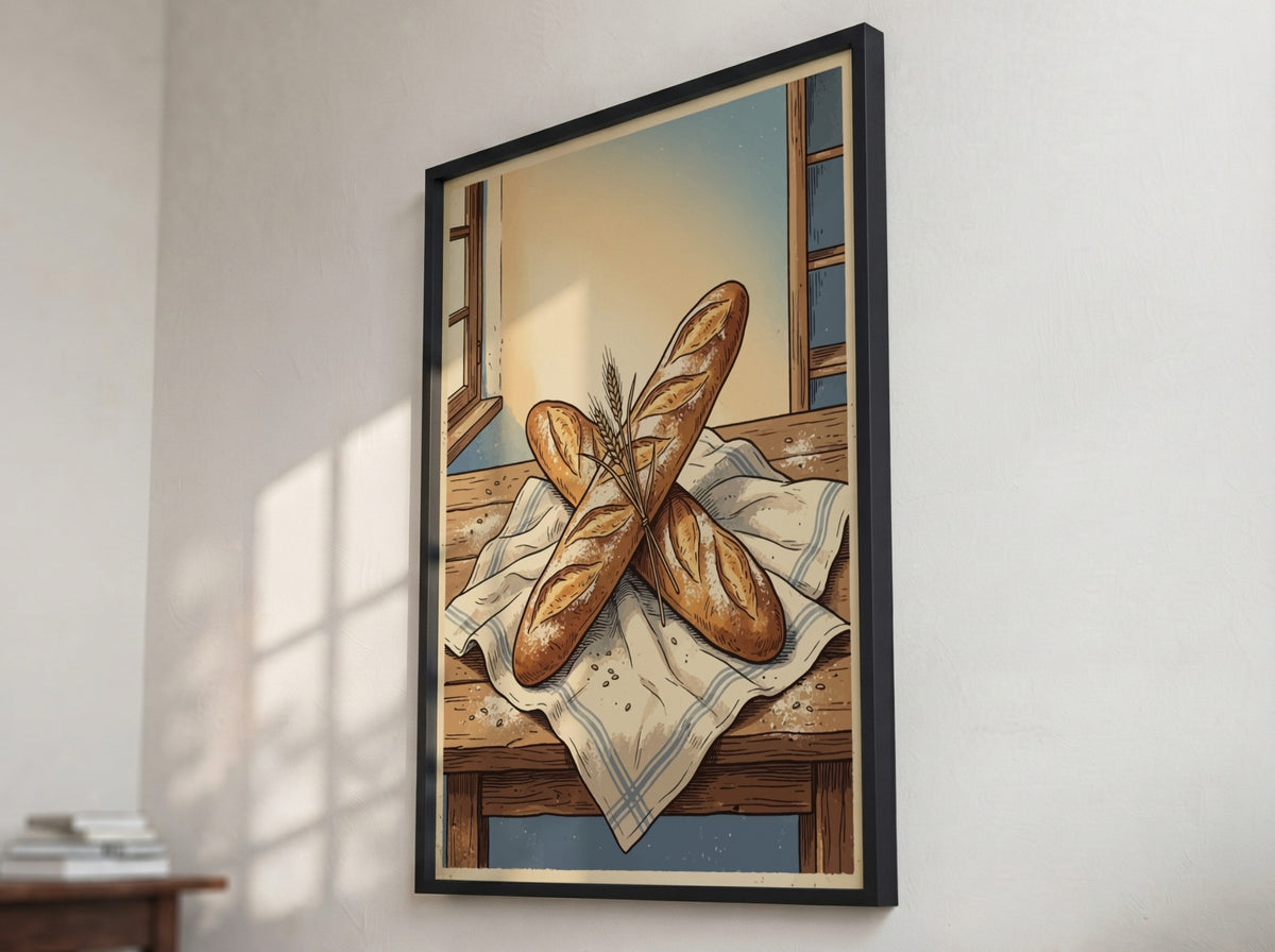 Poster featuring two crusty baguettes on a wooden table with a wheat bundle.