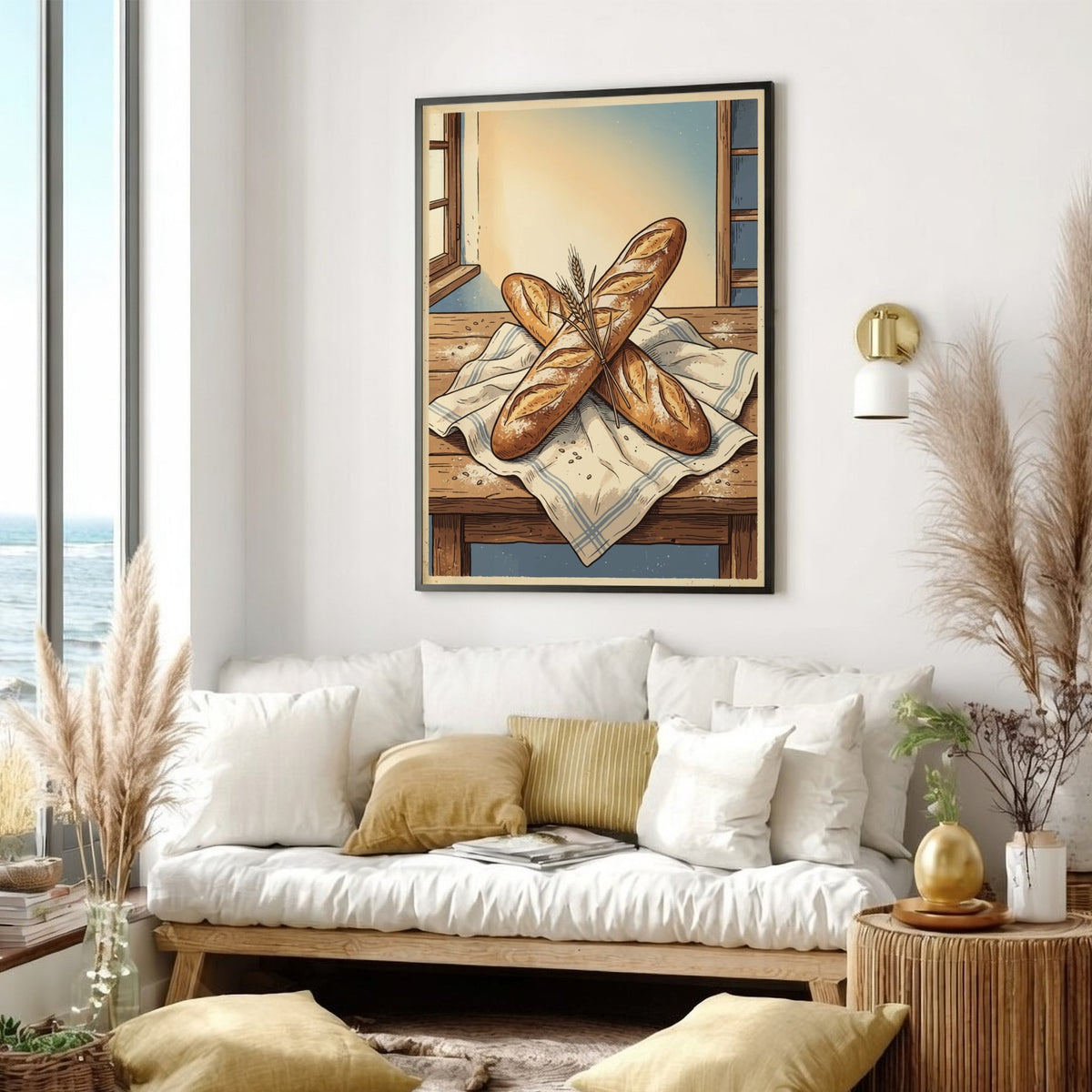 Poster featuring two crusty baguettes on a wooden table with a wheat bundle.