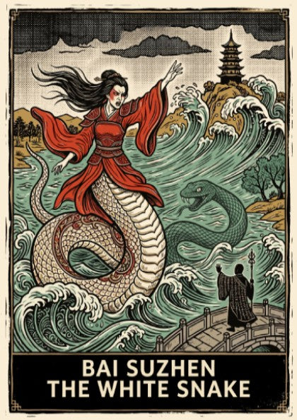 Poster featuring Bai Suzhen the white snake rising from ocean waves near a pagoda