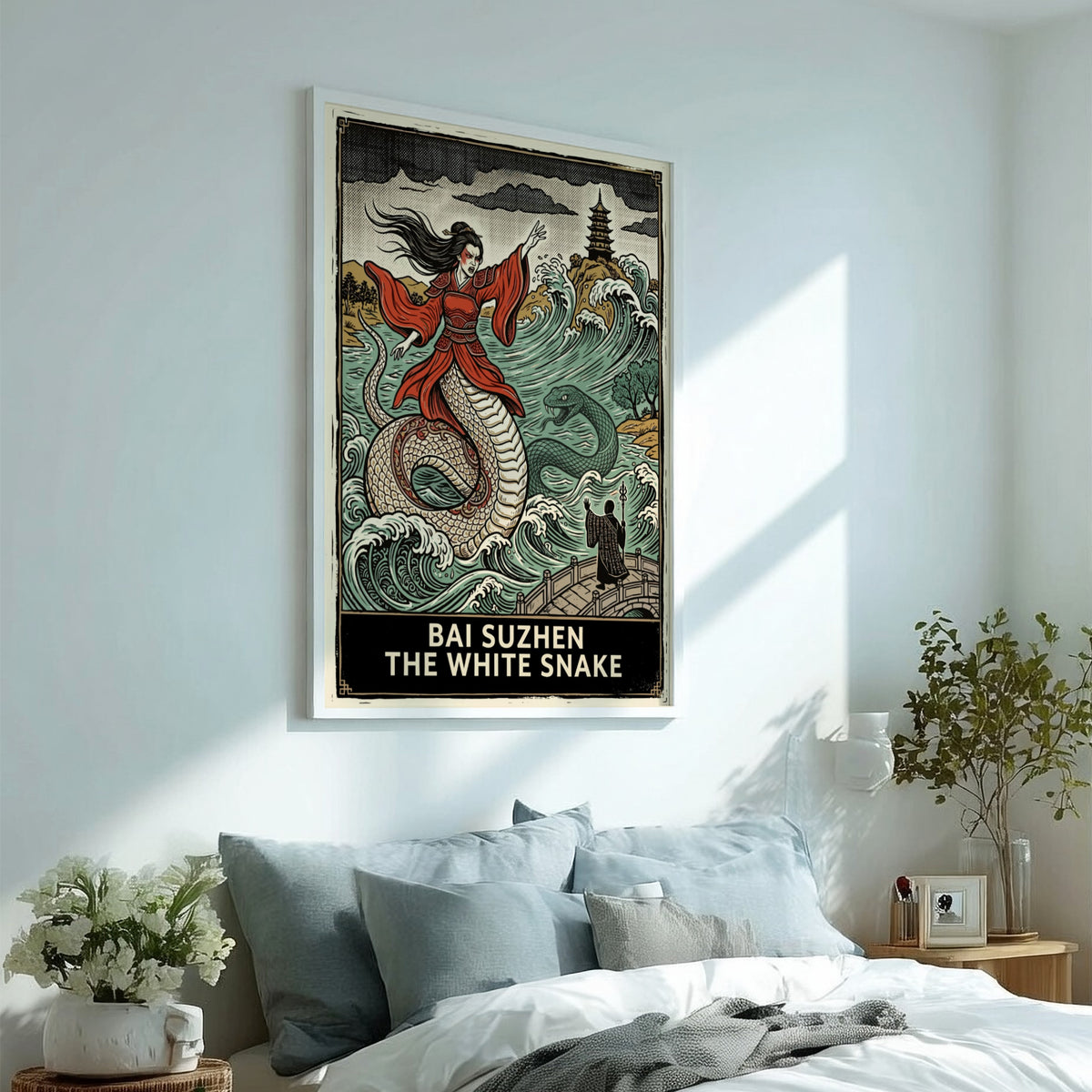 Poster featuring Bai Suzhen the white snake rising from ocean waves near a pagoda