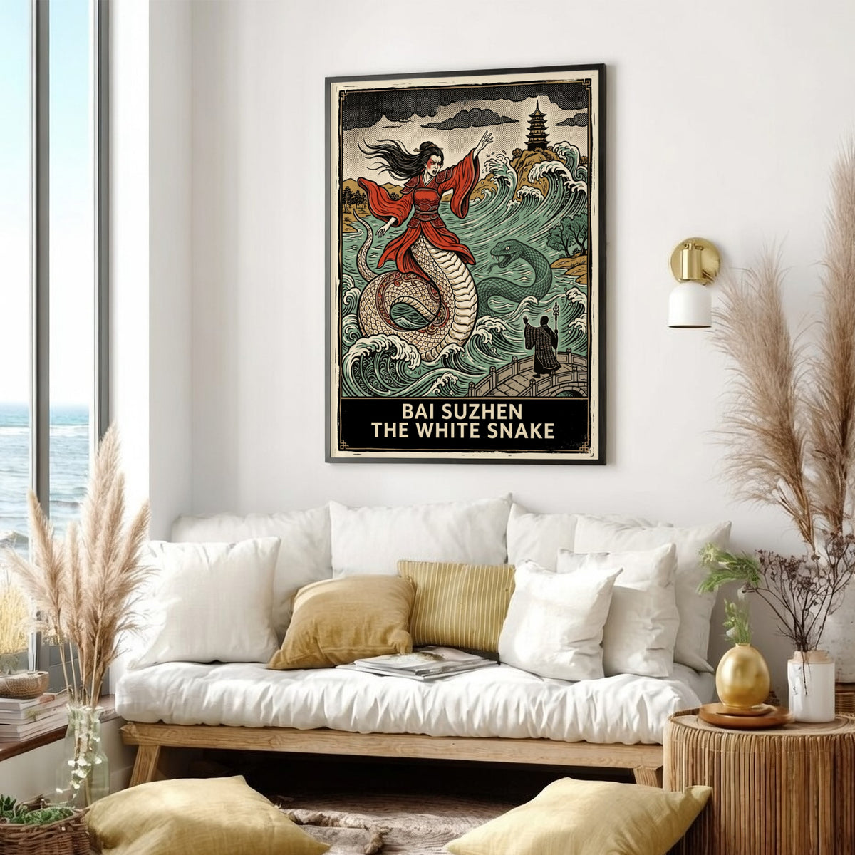 Poster featuring Bai Suzhen the white snake rising from ocean waves near a pagoda