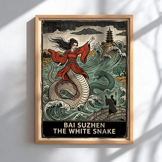 Poster featuring Bai Suzhen the white snake rising from ocean waves near a pagoda
